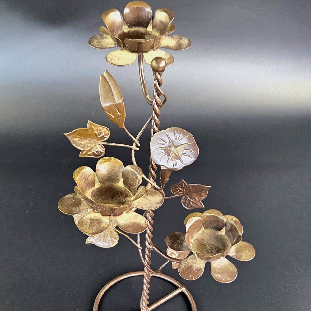 Vintage Metal Three-Tiered Candleholder – Floral Design – Bronzed Finish